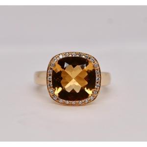 18k Yellow Gold Ring With Cushion-cut Citrine And Brilliant-cut Diamonds