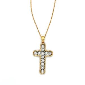 18k Yellow Gold And Brilliant Cut Diamond Cross Pendant Necklace