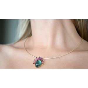 Yellow Gold Choker Necklace With Green Tourmaline And Rhodolite Garnet