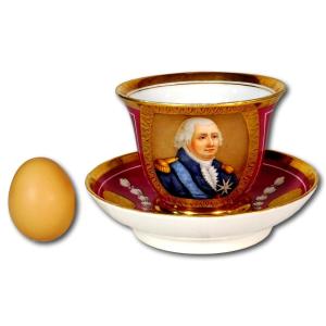 Large Chocolate Cup And Saucer In Paris Porcelain Representing King Louis XVIII 