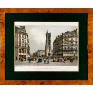 Lithograph Engraving - Paris The Saint Jacques Tower The Butcher's Shop And Rue De Rivoli - 19th Century
