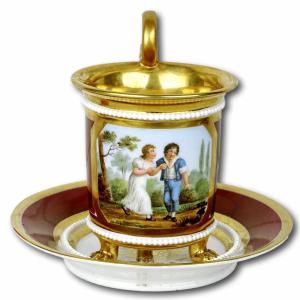 Large Tripod Chocolate Cup And Saucer In Paris Porcelain - Early 19th Century