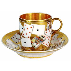 Cup And Saucer Decorated With Playing Cards (rare) In Paris Porcelain - Empire Period