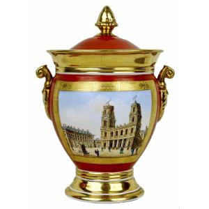 Paris Porcelain Sugar Bowl – Views Of Paris - Church Of St-sulpice & St-martin Gate - 19th Century