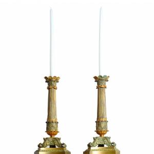 Large Pair Of Tripod Candlesticks In Bronze, Restoration Period 48 Cm - Early 19th Century