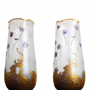 Pair Of Large Vases With Violets By Montjoye Legras 1900 - Art Nouveau  Era Daum, Gallé
