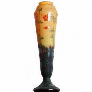 Important Large Vase With Columbines Signed Daum Nancy Croix De Lorraine - Liberty Art 1900