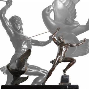 Sculpture "eagle Hunter" By J. De Roncourt, Glassmaker Fayral Bouraine - Art Deco 1930 