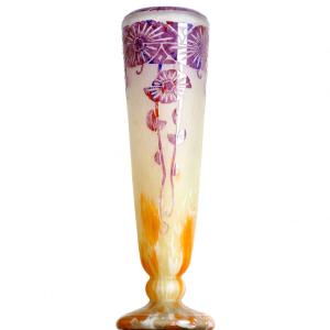 Majestic High Vase With Columbines French Glass Era Gallé, Daum, Muller - Art Deco 1928