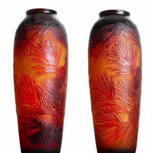Pair Of Pine Vases By d'Argental Paul Nicolas Era Gallé, Daum, Delatte Art Nouveau 1920