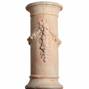 Terracotta Column, Base, Neo-classical Style Sheath With Flower Garland 1900