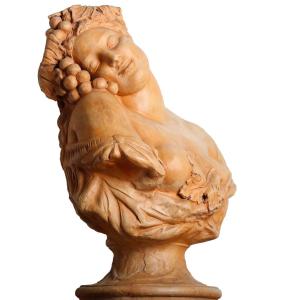 Sculpture Bacchante's Bust With Grapes And Vines In The Style Of Carrier-belleuse - Terracotta