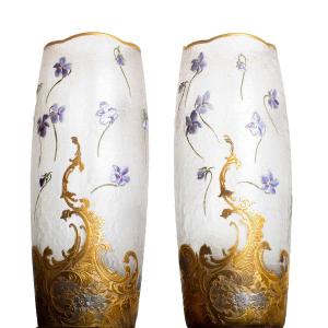 Pair Of Large Violet Vases By Montjoye Legras, 1900 - Art Nouveau Era, Daum, Gallé