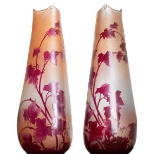 Pair Of Trilobed Vases, 1910, Ruby, 16,9", By François-théodore Legras (1839-1916)- Art Nouveau