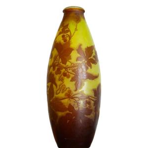 Tall Vase With Vine Berries By Emile Gallé, Circa 1900, Art Nouveau Era Daum, Muller, Delatte