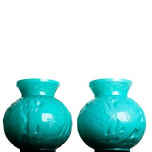 Rare Pair Of Fish Vases By Pierre d'Avesn, Art Deco, 1925 - Daum, Muller, Lalique