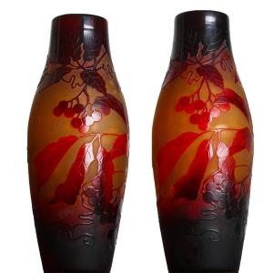 Pair Of Virginia Creeper Vases By Paul Nicolas d'Argental - Gallé, Daum, Delatte Art Nouveau 1920