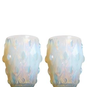 Pair Opalescent Vases 32 Cabochons Sabino 1878-1961 Art Deco 1930 Era Daum, Lalique, d'Avesn 