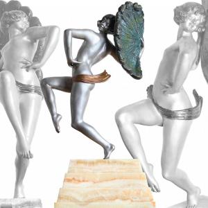 Henri Désiré Grisard Large Bronze Subject Woman With Peacock Feathers - Art Deco 1925