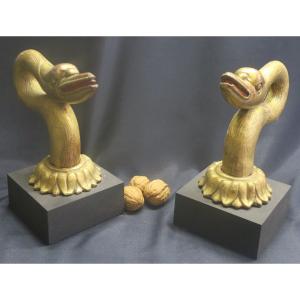 Two Swans Heads In Golden Wood From The Nineteenth Century