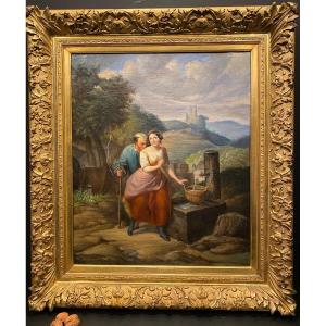 Table, Painting Of A Stop At La Fontaine, Golden Frame