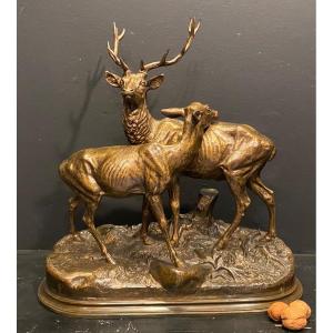 The Stag And The Doe, Bronze By Alfred Dubucand