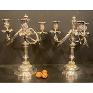 Pair Of Candelabra, Three-branch Candlesticks In Silver-plated Metal
