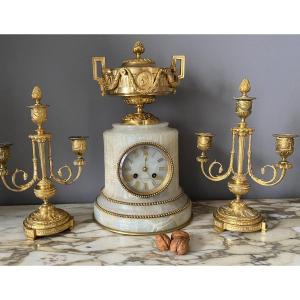 Fireplace Mantel, Onyx And Bronze Clock And Its Two Candelabras 
