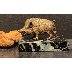 Small Bronze Boar On Marble Base