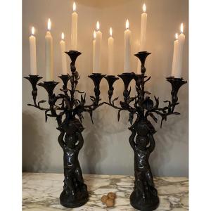 Pair Of Bronze Candelabra With Brown Daubree Patina
