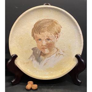 Very Large Dish, Portrait Of A Child Signed Clérice