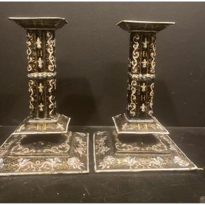 Pair Of Enamel On Copper Candlesticks