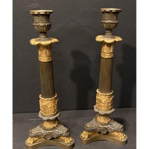 Pair Of Bronze Candlesticks With Two Patinas.