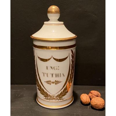 Porcelain Medicine Jar, White And Gold