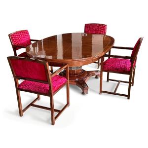 Large Biedermeier Extendable Dining Table With Armchairs, 19th Century