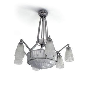 Chandelier Art Deco Robert - Vasque And 6 Tulips In Molded Glass - Circa 1925