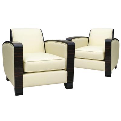 Pair Of Art Deco Club Armchairs - Leather And Macassar