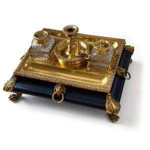 English Regency Inkwell / Inkstand In Gilt Bronze And Blackened Wood - Circa 1810