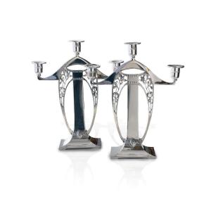 Pair Of Art Nouveau Candlesticks In Silver Metal - Wmf - Circa 1900