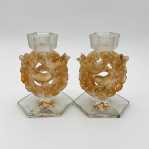 A Pair Of R.lalique Mesanges Candlesticks