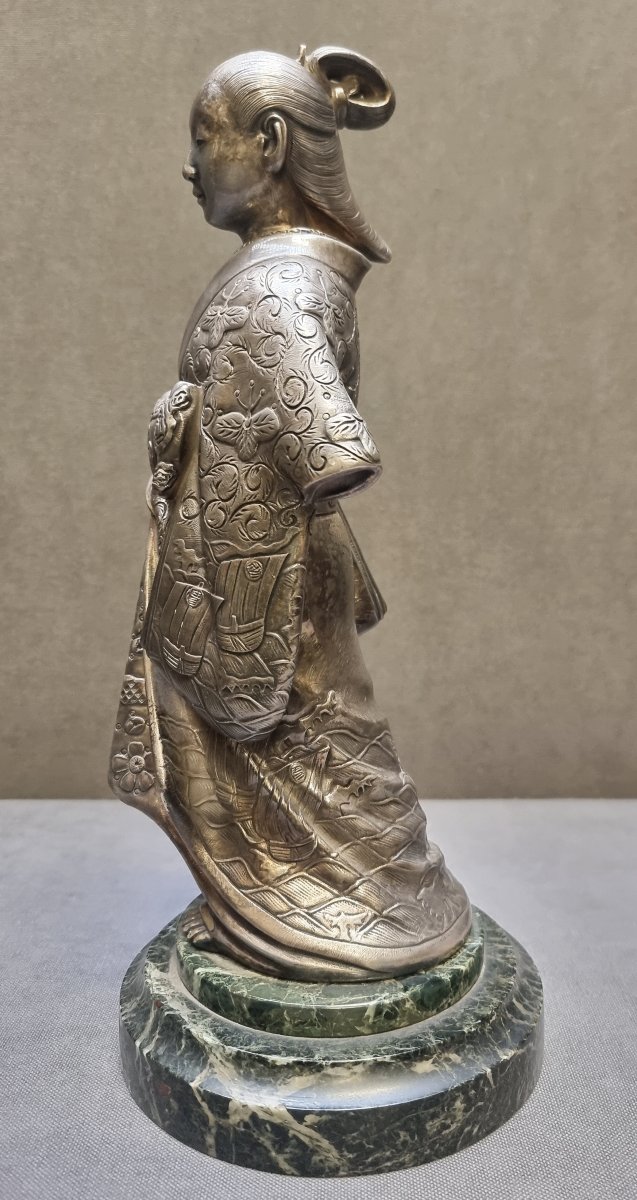 SCULTURA GEISH IN BRONZO ARGENTATO - Primi '900-photo-2