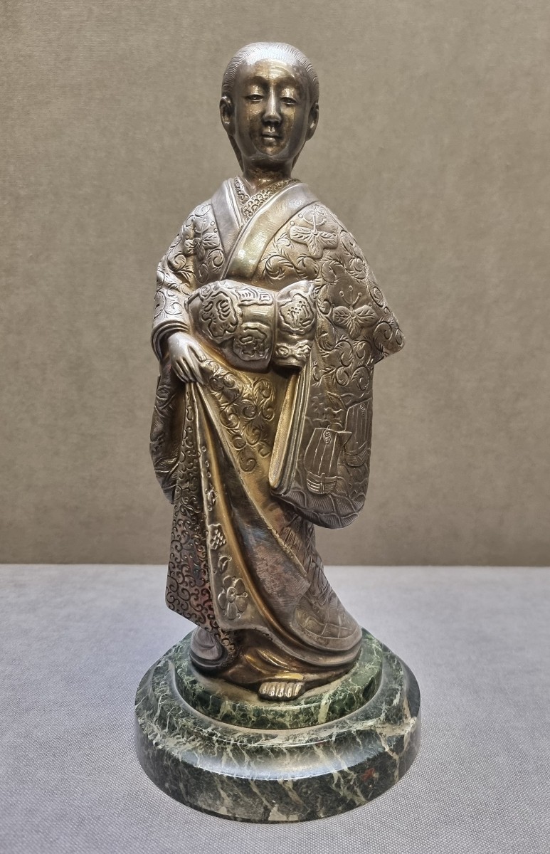 SCULTURA GEISH IN BRONZO ARGENTATO - Primi '900