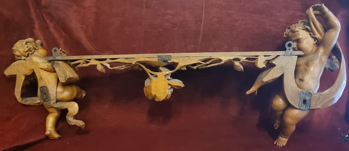 MENSOLA IN LEGNO INTAGLIATO - PUTTI E FIORI SCOLPITI - FIRMATA VINCENZO CADORIN VENEZIA-photo-2