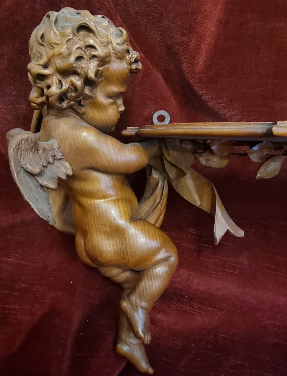 MENSOLA IN LEGNO INTAGLIATO - PUTTI E FIORI SCOLPITI - FIRMATA VINCENZO CADORIN VENEZIA-photo-1