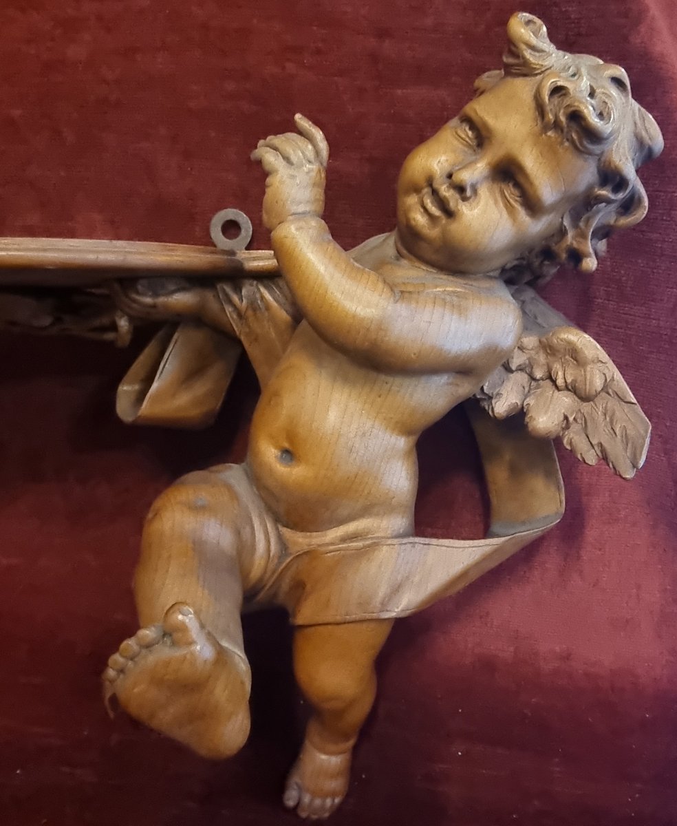 MENSOLA IN LEGNO INTAGLIATO - PUTTI E FIORI SCOLPITI - FIRMATA VINCENZO CADORIN VENEZIA-photo-2