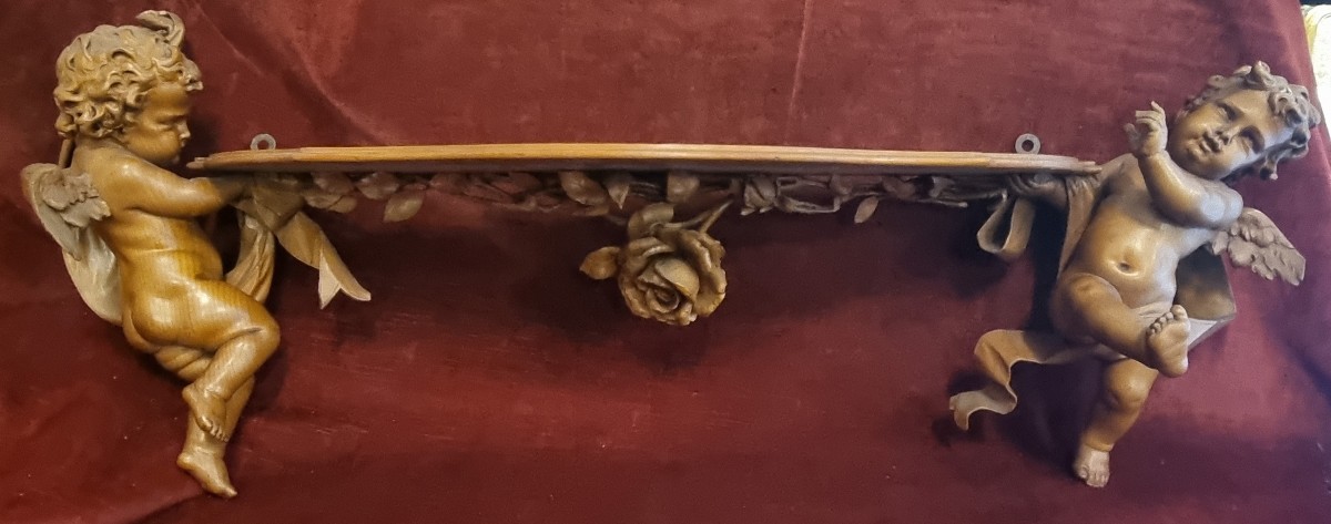 MENSOLA IN LEGNO INTAGLIATO - PUTTI E FIORI SCOLPITI - FIRMATA VINCENZO CADORIN VENEZIA