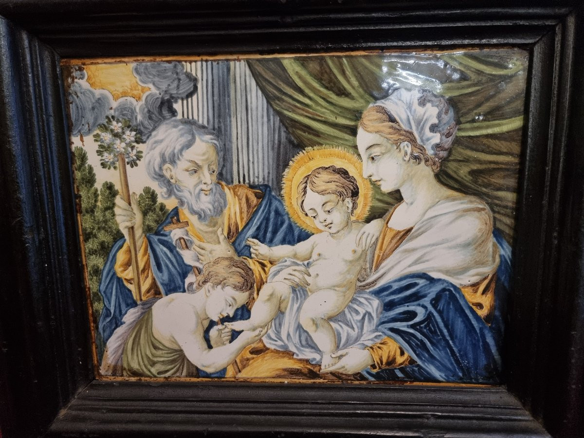 MATTONELLA DIPINTA - CASTELLI - XVIII SECOLO - SACRA FAMIGLIA - CORNICE COEVA-photo-2
