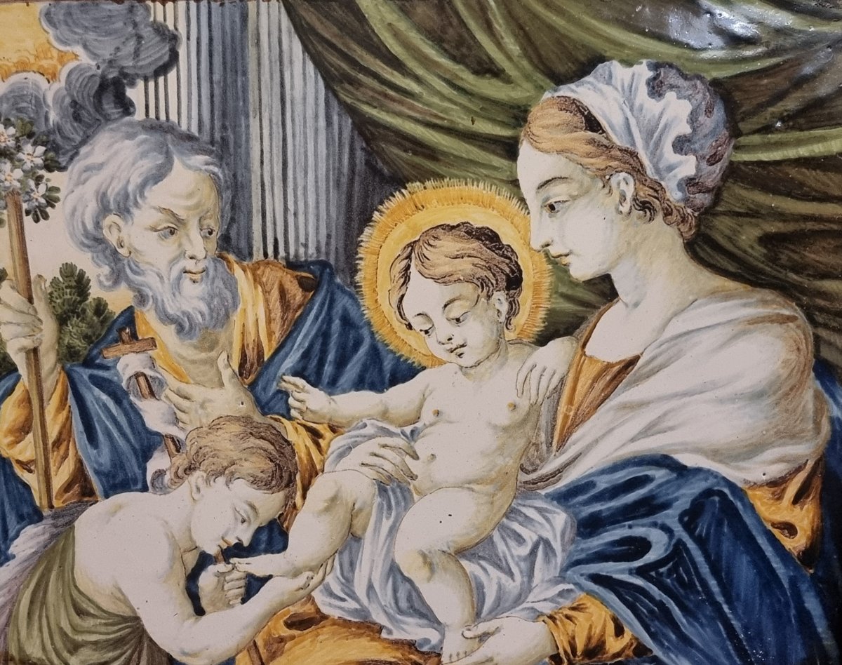 MATTONELLA DIPINTA - CASTELLI - XVIII SECOLO - SACRA FAMIGLIA - CORNICE COEVA-photo-4