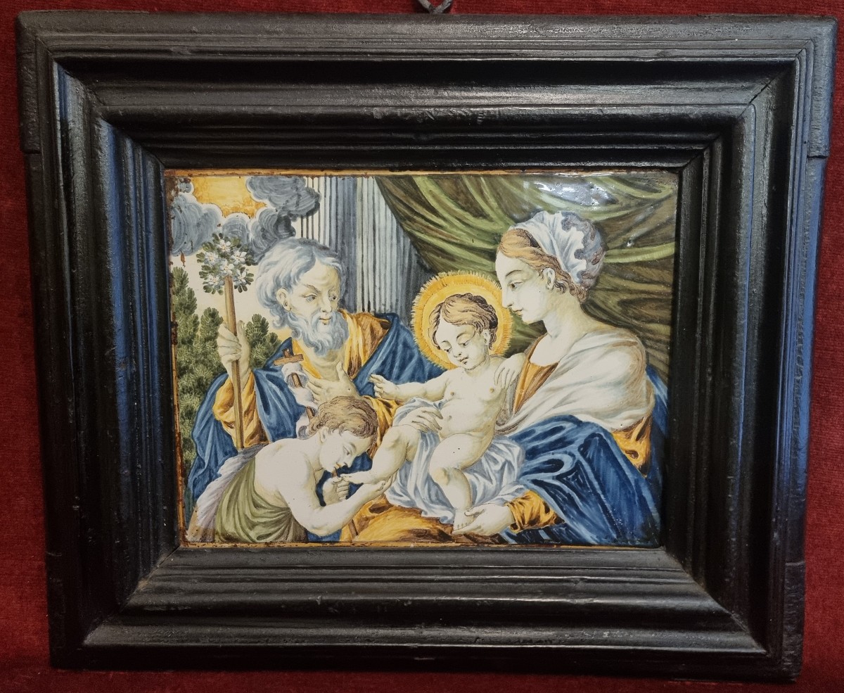 MATTONELLA DIPINTA - CASTELLI - XVIII SECOLO - SACRA FAMIGLIA - CORNICE COEVA
