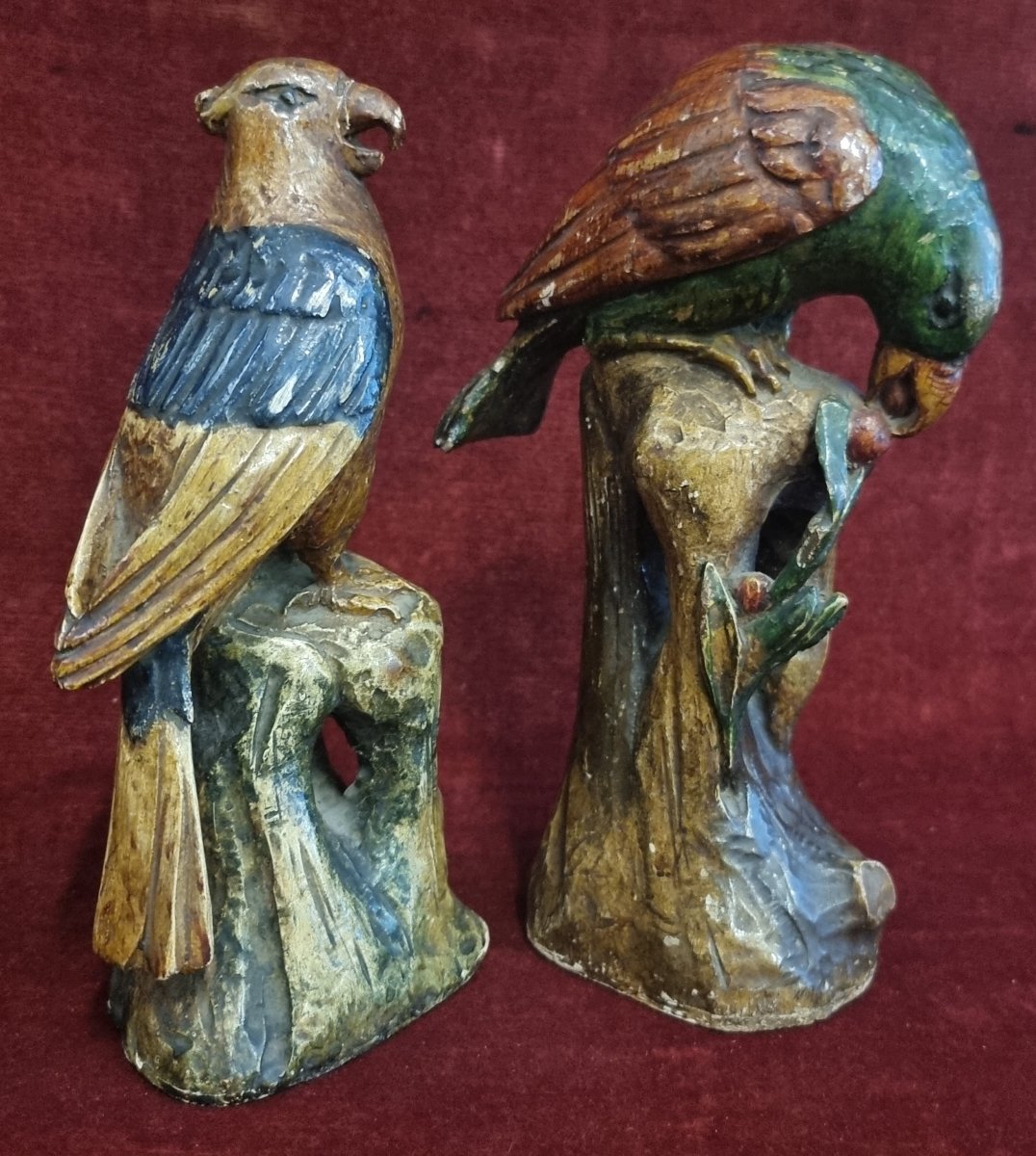 COPPIA PAPPAGALLI IN LEGNO INTAGLIATO E LACCATO - VENEZIA XVIII -photo-1